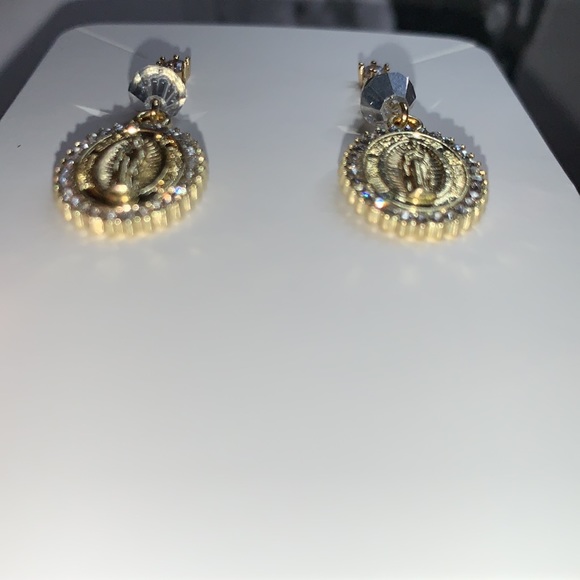 Cubic Zirconia Stud Post Earrings with Gold Plated Pendant and Rhinestones - Picture 9 of 14